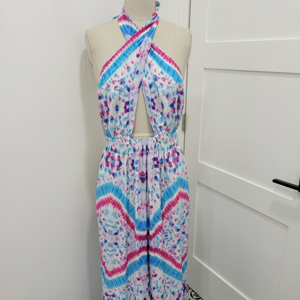 Moda Baronessa Silk Marble Adele  Colorful Halter Self Tie Waist Jumpsuit Size S